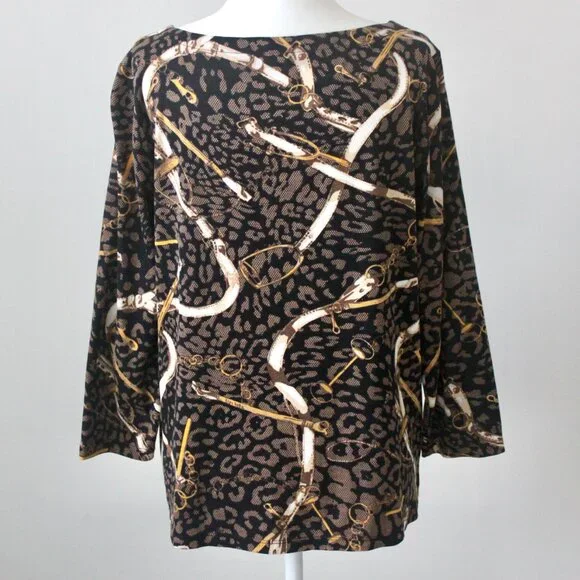 Rafaella Brown 100% Cotton Horse Stirrup Cheetah Print Blouse Large Petite - Picture 6 of 8